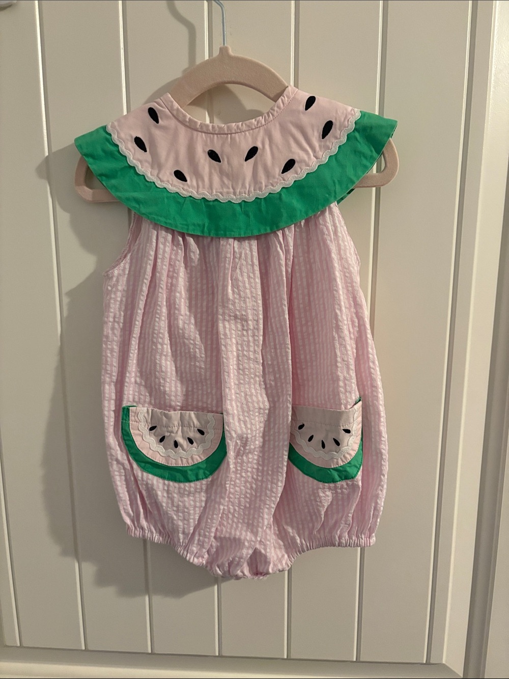 Smockingbird Pink Watermelon Romper with Green Trim